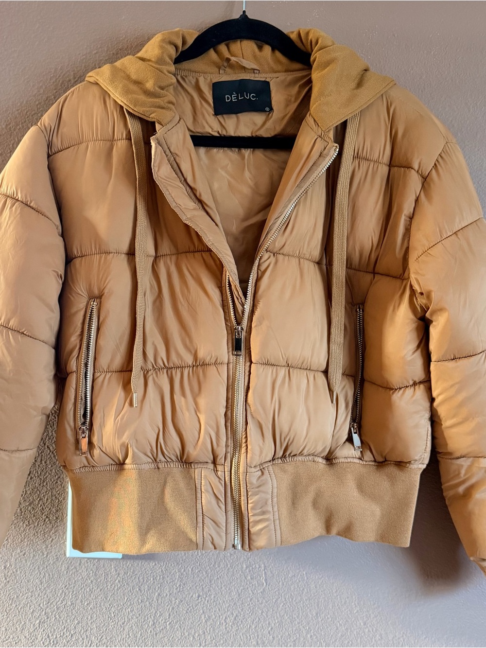 Deluc Tan Cropped Puffer Jacket with Hood